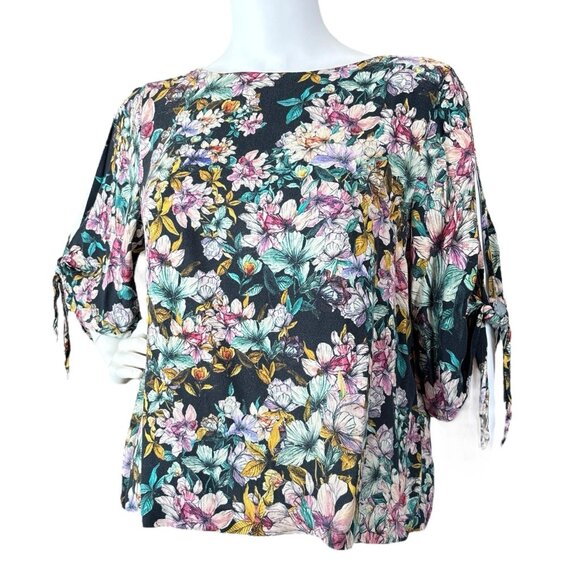 H&M Floral Leaf Print Cold Shoulder Tie Sleeve Boat Neck Top Green Pink Size 12 - Picture 1 of 10